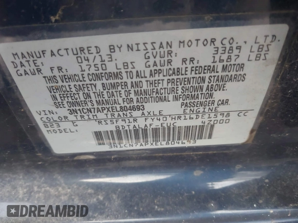 2014 Nissan Versa SV with VIN 3N1CN7APXEL804693, listed as a IAAI auction lot 41687374 with 193,717 mi miles and . Bid and sale history available at carsss.com. Image 9.