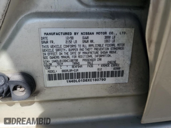 1999 Nissan Altima XE with VIN 1N4DL01D8XC180790, listed as a Copart auction lot 73752364 with 160,572 mi miles and Salvage Title. Bid and sale history available at carsss.com. Image 15.