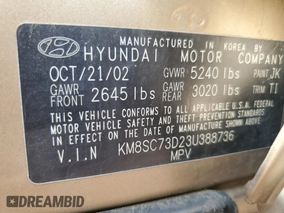 2003 Hyundai Santa Fe GLS with VIN KM8SC73D23U388736, listed as a Copart auction lot 61809715 with 125,654 mi miles and Salvage title. Bid and sale history available at DreamBid. Image 13.