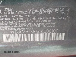 2006 BMW 3 Series 325i with VIN WBAVB13536K000100, listed as a IAAI auction lot 42282494 with 193,867 mi miles and . Bid and sale history available at DreamBid. Image 9.
