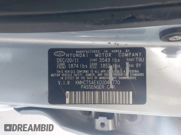 2012 Hyundai Accent GS with VIN KMHCT5AEXCU040770, listed as a IAAI auction lot 42265628 with 139,595 mi miles and . Bid and sale history available at DreamBid. Image 9.