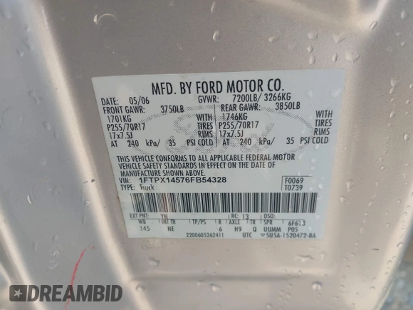 2006 Ford F-150 XLT с VIN 1FTPX14576FB54328, выставлен на аукционе IAAI как лот 42346791 с пробегом 90 248 миль миль и . История ставок и продаж доступна на DreamBid. Изображение 9.