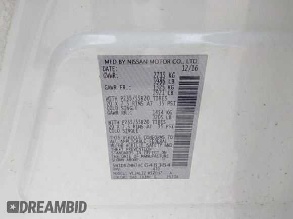 2017 Nissan Pathfinder S with VIN 5N1DR2MN7HC648384, listed as a IAAI auction lot 41863779 with 72,710 mi miles and . Bid and sale history available at DreamBid. Image 9.