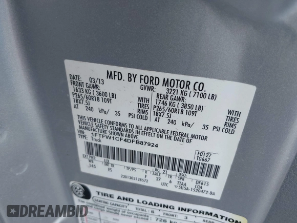 2013 Ford F-150 XL с VIN 1FTFW1CF4DFB87924, выставлен на аукционе IAAI как лот 41580804 с пробегом 173 352 миль миль и . История ставок и продаж доступна на DreamBid. Изображение 9.
