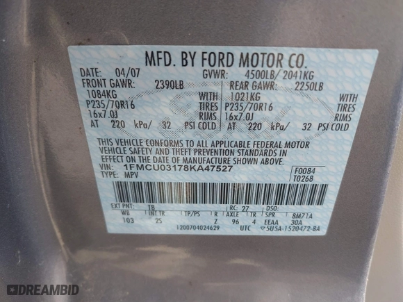 2008 Ford Escape XLT with VIN 1FMCU03178KA47527, listed as a IAAI auction lot 41672719 with 306,312 mi miles. Bid and sale history available at carsss.com. Image 9.