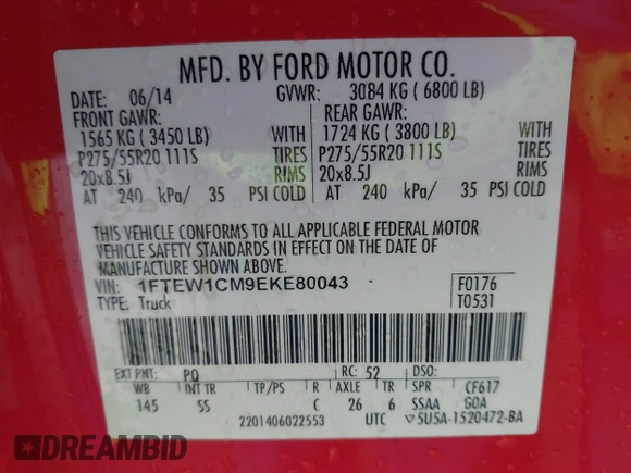 2014 Ford F-150 XL with VIN 1FTEW1CM9EKE80043, listed as a IAAI auction lot 41706014 with 214,005 mi miles. Bid and sale history available at carsss.com. Image 9.