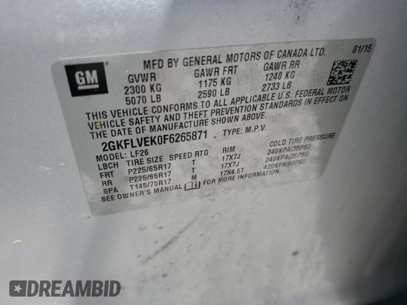 2015 GMC Terrain SLE with VIN 2GKFLVEK0F6265871, listed as a Copart auction lot 54306335 with 149,232 mi miles and Salvage Title. Bid and sale history available at carsss.com. Image 13.