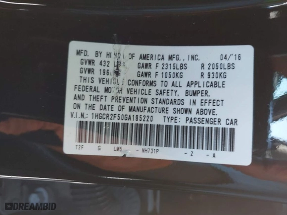 2016 Honda Accord Sedan Sport with VIN 1HGCR2F50GA195220, listed as a IAAI auction lot 41637697 with 148,811 mi miles. Bid and sale history available at carsss.com. Image 9.
