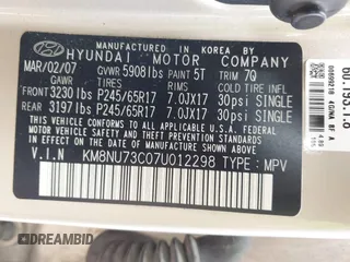 2007 Hyundai Veracruz GLS z VIN KM8NU73C07U012298, wystawiony jako IAAI lot #42098998 z przebiegiem 151 228 mil mil oraz . Historia ofert i sprzedaży dostępna na DreamBid. Obrazek 9.