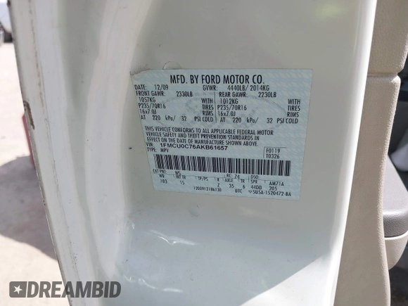 2010 Ford Escape XLS с VIN 1FMCU0C76AKB61657, выставлен на аукционе IAAI как лот 42489207 с пробегом 156 983 миль миль и . История ставок и продаж доступна на DreamBid. Изображение 9.