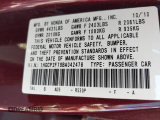 2011 Honda Accord EX with VIN 1HGCP2F79BA042478, listed as a IAAI auction lot 42646921 with 141,640 mi miles and . Bid and sale history available at DreamBid. Image 9.