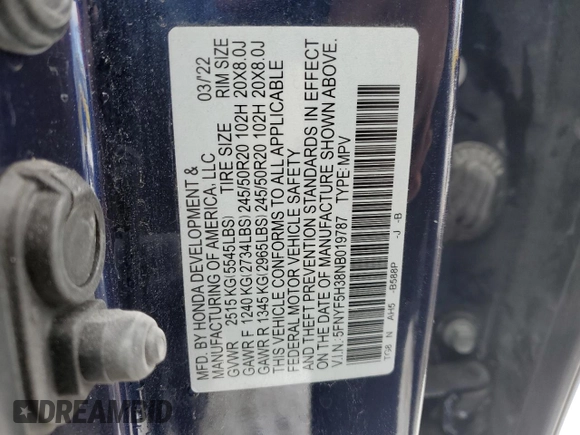 2022 Honda Pilot Sport z VIN 5FNYF5H38NB019787, wystawiony jako Copart lot #41769665 z przebiegiem 30 783 mil mil oraz Szkoda całkowita • Salvage title. Historia ofert i sprzedaży dostępna na DreamBid. Obrazek 13.