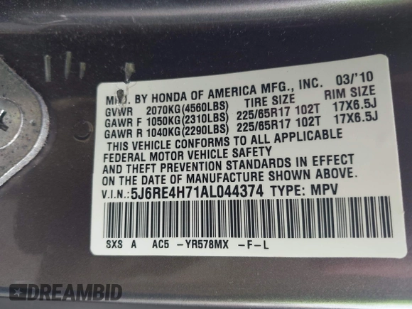 2010 Honda CR-V EX-L with VIN 5J6RE4H71AL044374, listed as a IAAI auction lot 42747403 with 143,656 mi miles and . Bid and sale history available at DreamBid. Image 9.