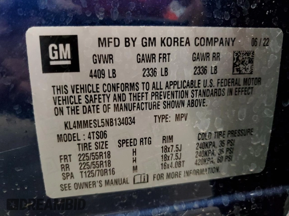 2022 Buick Encore GX Select with VIN KL4MMESL5NB134034, listed as a Copart auction lot 52597855 with 4,820 mi miles and Salvage title. Bid and sale history available at DreamBid. Image 15.