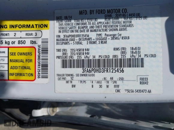 2015 Ford Fusion SE with VIN 3FA6P0HD3FR125456, listed as a IAAI auction lot 42508769 with 143,706 mi miles and . Bid and sale history available at DreamBid. Image 9.
