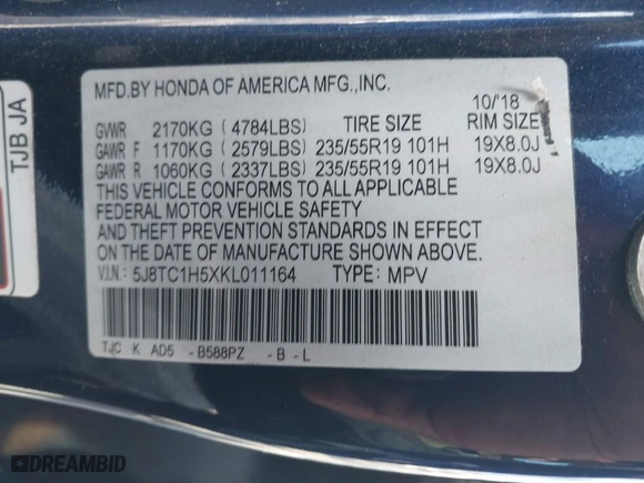2019 Acura RDX w/Technology Pkg with VIN 5J8TC1H5XKL011164, listed as a IAAI auction lot 41783237 with 1 mi miles. Bid and sale history available at carsss.com. Image 9.