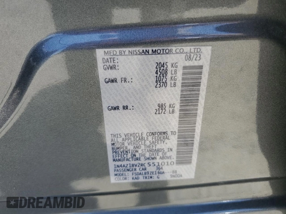 2024 Nissan LEAF S with VIN 1N4AZ1BV2RC551010, listed as a Copart auction lot 59508015 with 18,674 mi miles and Salvage title. Bid and sale history available at DreamBid. Image 12.