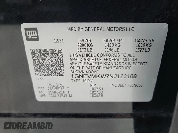 2022 Chevrolet Traverse LT Cloth with VIN 1GNEVMKW7NJ123108, listed as a IAAI auction lot 42854233 with 63,624 mi miles and . Bid and sale history available at DreamBid. Image 20.