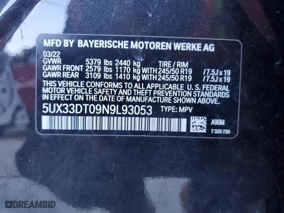 2022 BMW X4 xDrive30i with VIN 5UX33DT09N9L93053, listed as a Copart auction lot 71710692 with 0 mi miles. Bid and sale history available at carsss.com. Image 13.