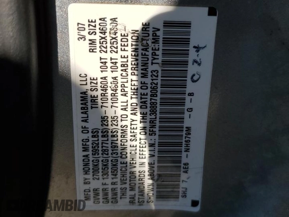 2007 Honda Odyssey Touring z VIN 5FNRL38887B062123, wystawiony jako Copart lot #52140755 z przebiegiem 240 710 mil mil oraz Szkoda całkowita • Salvage title. Historia ofert i sprzedaży dostępna na DreamBid. Obrazek 13.