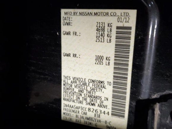 2012 Nissan Maxima SV с VIN 1N4AA5AP3CC826344, выставлен на аукционе Copart как лот 55571565 с пробегом Не указан миль и Списание • Salvage title. История ставок и продаж доступна на DreamBid. Изображение 12.