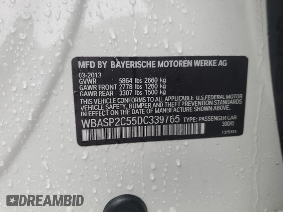 2013 BMW 5 Series 535i Gran Turismo xDrive with VIN WBASP2C55DC339765, listed as a Copart auction lot 45180735 with 64,196 mi miles and Salvage title. Bid and sale history available at DreamBid. Image 12.