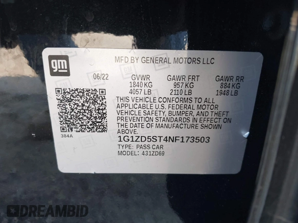 2022 Chevrolet Malibu LT with VIN 1G1ZD5ST4NF173503, listed as a IAAI auction lot 41909291 with 72,442 mi miles and . Bid and sale history available at DreamBid. Image 9.