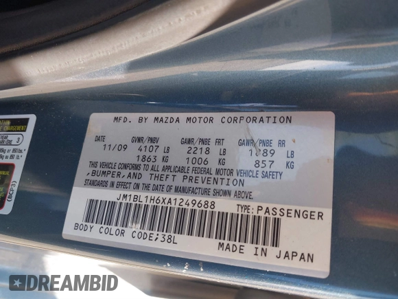 2010 Mazda 3 S Sport with VIN JM1BL1H6XA1249688, listed as a IAAI auction lot 41480108 with 111,384 mi miles and . Bid and sale history available at DreamBid. Image 9.