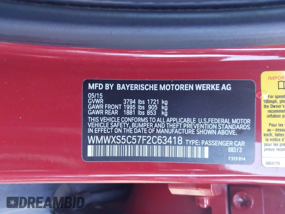 2015 MINI Hardtop 4 Door z VIN WMWXS5C57F2C63418, wystawiony jako IAAI lot #41938785 z przebiegiem 101 712 mil mil oraz . Historia ofert i sprzedaży dostępna na DreamBid. Obrazek 9.