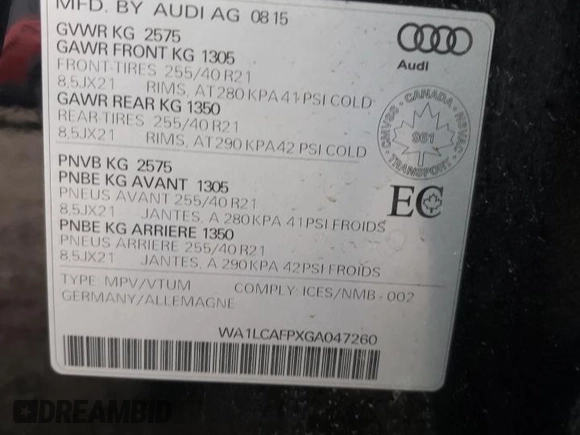 2016 Audi SQ5 3.0T Technik with VIN WA1LCAFPXGA047260, listed as a Copart auction lot 69180632 with 119,440 mi miles. Bid and sale history available at carsss.com. Image 13.