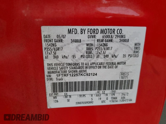 2007 Ford F-150 XL with VIN 1FTRF12257KC92124, listed as a Copart auction lot 50627995 with 142,316 mi miles and Salvage title. Bid and sale history available at DreamBid. Image 12.