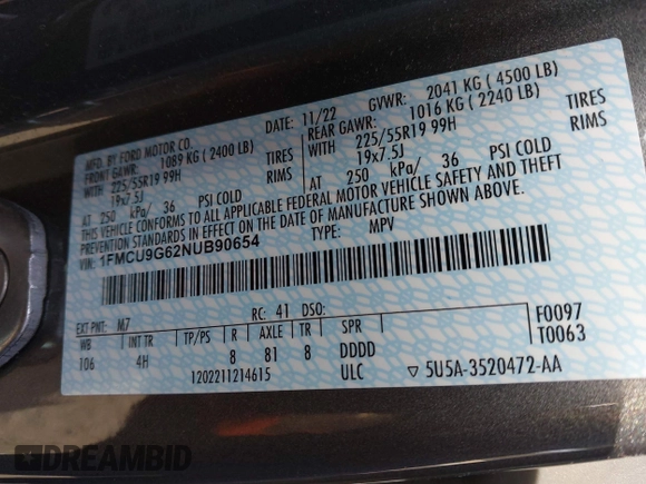 2022 Ford Escape SE with VIN 1FMCU9G62NUB90654, listed as a IAAI auction lot 41258358 with 41,223 mi miles and . Bid and sale history available at DreamBid. Image 9.