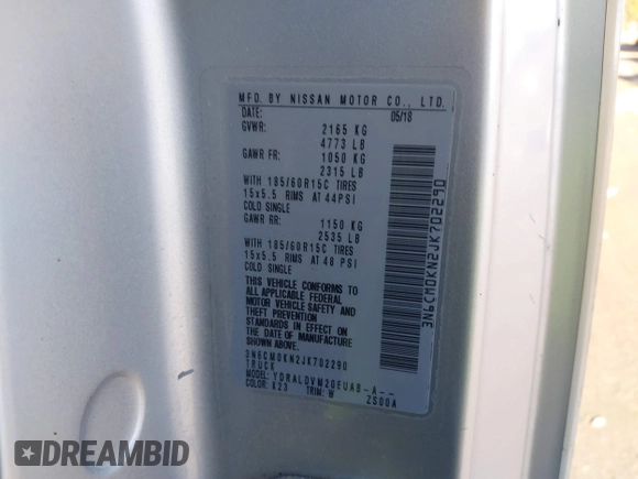 2018 Nissan NV200 S with VIN 3N6CM0KN2JK702290, listed as a IAAI auction lot 41306043 with Not provided miles and . Bid and sale history available at DreamBid. Image 9.