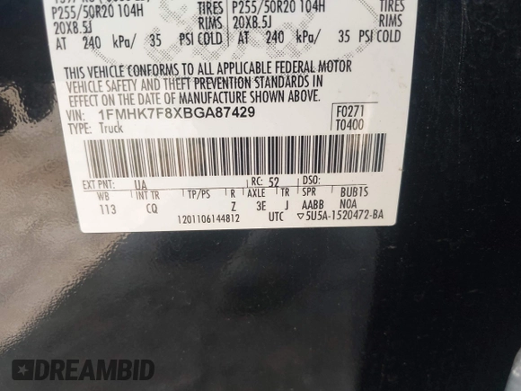2011 Ford Explorer Limited with VIN 1FMHK7F8XBGA87429, listed as a IAAI auction lot 42505178 with 117,655 mi miles and . Bid and sale history available at DreamBid. Image 9.