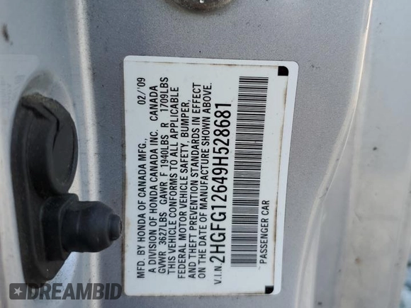2009 Honda Civic Cpe LX with VIN 2HGFG12649H528681, listed as a Copart auction lot 53290745 with 156,798 mi miles and Salvage Title. Bid and sale history available at carsss.com. Image 13.