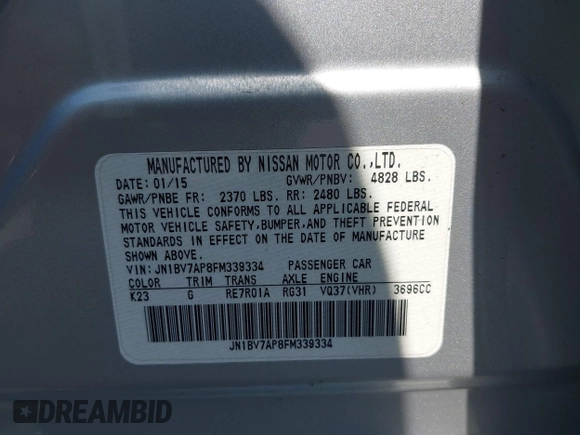 2015 Infiniti Q50 Premium with VIN JN1BV7AP8FM339334, listed as a IAAI auction lot 41956950 with 99,945 mi miles. Bid and sale history available at carsss.com. Image 9.