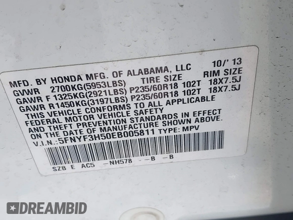 2014 Honda Pilot EX-L with VIN 5FNYF3H50EB005811, listed as a IAAI auction lot 42115804 with 216,033 mi miles and . Bid and sale history available at DreamBid. Image 9.