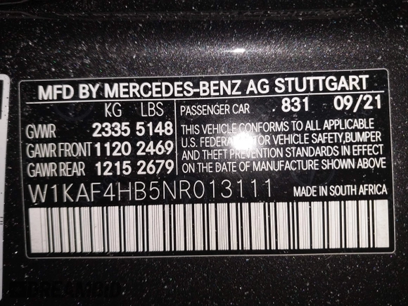 2022 Mercedes-Benz C 300 with VIN W1KAF4HB5NR013111, listed as a IAAI auction lot 41595788 with 24,248 mi miles and . Bid and sale history available at DreamBid. Image 9.