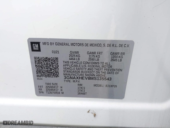 2021 Chevrolet Equinox LS with VIN 3GNAXHEV8MS135543, listed as a IAAI auction lot 41629456 with 43,482 mi miles. Bid and sale history available at carsss.com. Image 9.