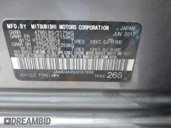 2017 Mitsubishi Outlander SE with VIN JA4AD3A35HZ057699, listed as a IAAI auction lot 42337414 with 85,950 mi miles and . Bid and sale history available at DreamBid. Image 9.