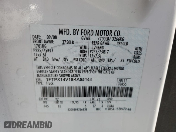 2009 Ford F-150 XL z VIN 1FTPX14V19KA55144, wystawiony jako Copart lot #62711785 z przebiegiem 229 323 mil mil oraz Czysty tytuł • Clean title. Historia ofert i sprzedaży dostępna na DreamBid. Obrazek 12.
