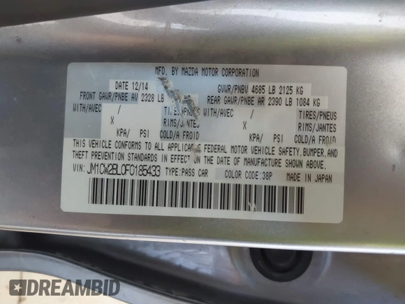 2015 Mazda 5 Sport with VIN JM1CW2BL0F0185433, listed as a IAAI auction lot 42594468 with 189,696 mi miles and . Bid and sale history available at DreamBid. Image 9.