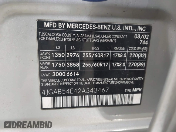 2002 Mercedes-Benz M 320/430/500 with VIN 4JGAB54E42A343467, listed as a IAAI auction lot 41891163 with 173,924 mi miles and . Bid and sale history available at DreamBid. Image 9.
