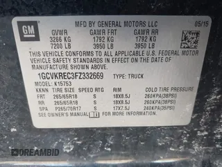 2015 Chevrolet Silverado 1500 LT with VIN 1GCVKREC3FZ332669, listed as a IAAI auction lot 41680418 with 106,095 mi miles and . Bid and sale history available at DreamBid. Image 9.