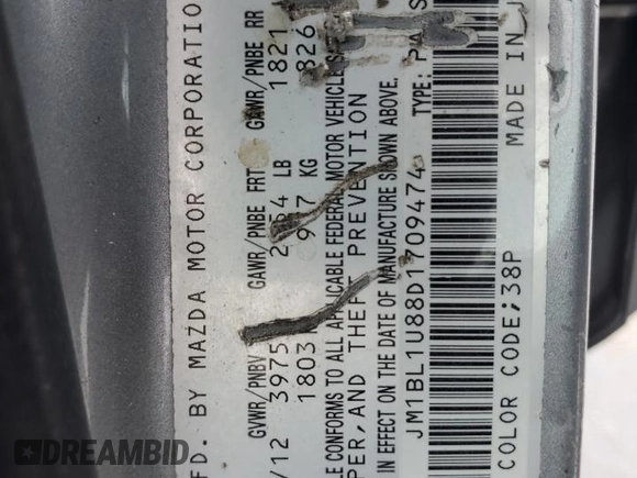 2013 Mazda Mazda3 i Sport with VIN JM1BL1U88D1709474, listed as a Copart auction lot 53677275 with 190,352 mi miles and Salvage Title. Bid and sale history available at carsss.com. Image 12.