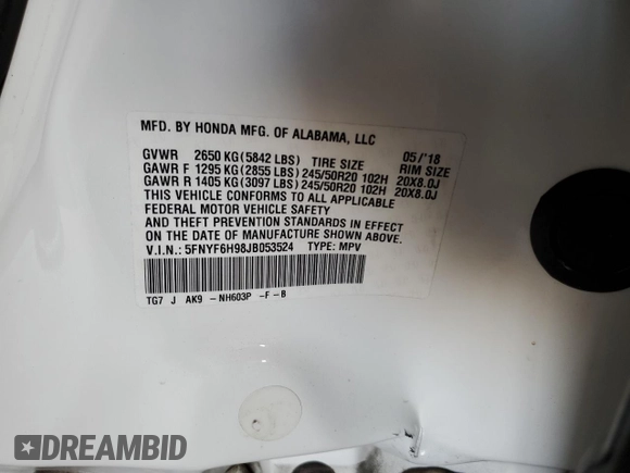 2018 Honda Pilot Touring с VIN 5FNYF6H98JB053524, выставлен на аукционе Copart как лот 61447785 с пробегом 114 942 миль миль и Списание • Salvage title. История ставок и продаж доступна на DreamBid. Изображение 12.