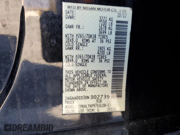 2013 Nissan Titan SL with VIN 1N6AA0ED3DN302739, listed as a Copart auction lot 89081615 with 141,150 mi miles and Salvage Title. Bid and sale history available at carsss.com. Image 15.