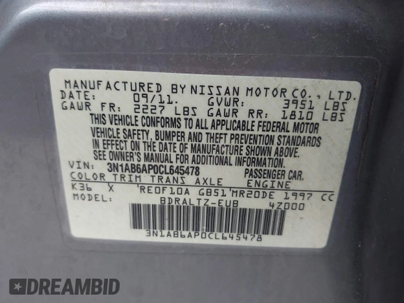 2012 Nissan Sentra SR with VIN 3N1AB6AP0CL645478, listed as a IAAI auction lot 41912266 with 71,641 mi miles and . Bid and sale history available at DreamBid. Image 9.