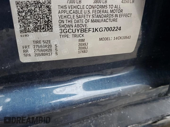 2019 Chevrolet Silverado 1500 Custom with VIN 3GCUYBEF1KG700224, listed as a Copart auction lot 79436234 with 81,814 mi miles and Salvage Title. Bid and sale history available at DreamBid. Image 12.