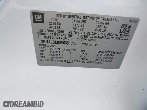 2015 Chevrolet Equinox LT with VIN 2GNALBEK8F6351845, listed as a IAAI auction lot 41904047 with 173,620 mi miles. Bid and sale history available at carsss.com. Image 9.